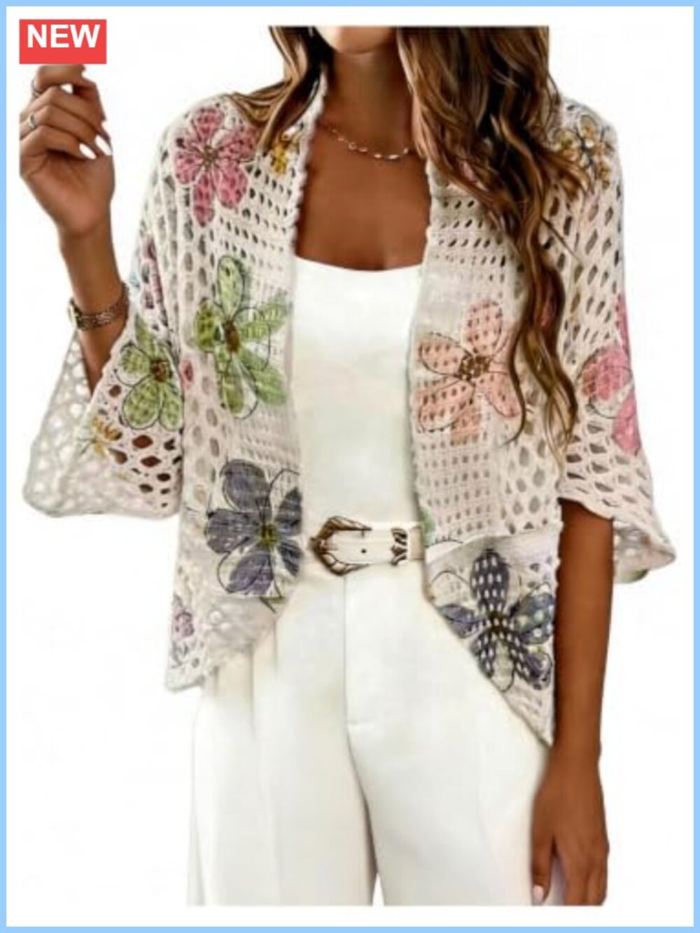 Y2K Floral Crochet Cardigan Sweater Lightweight Knit Half Sleeve Open Front